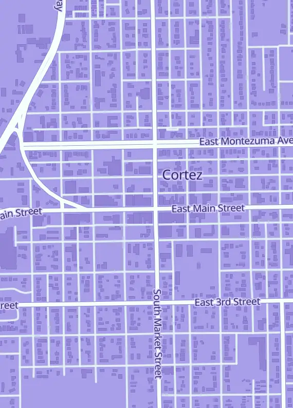 Street map around Bitterblossom Games, 8 W Main St, Cortez, CO