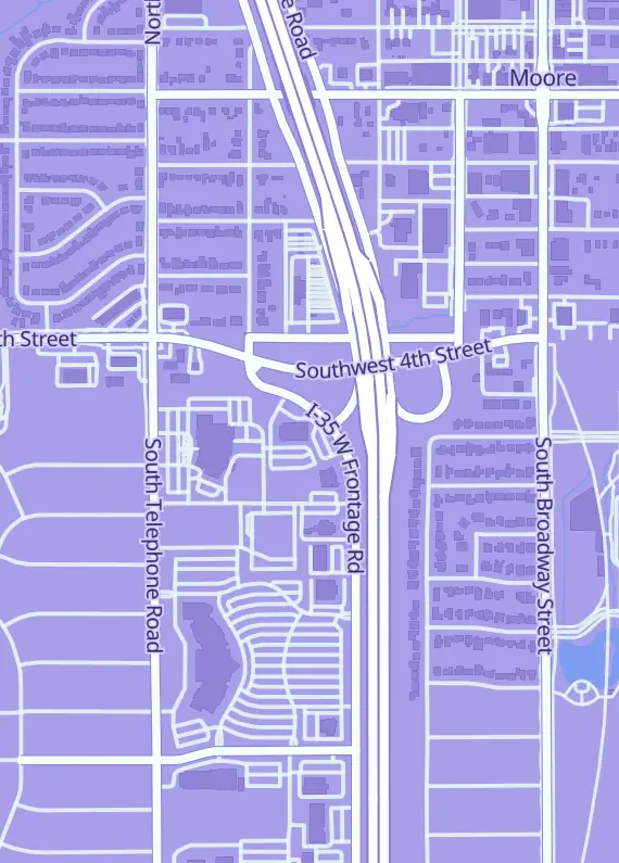 Street map around Connected Light Bookstore, 601 S I-35 Service Rd, Moore, OK