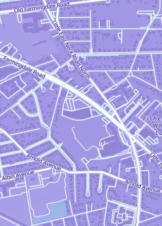 Street map around Gotham City Hobbies, West Babylon