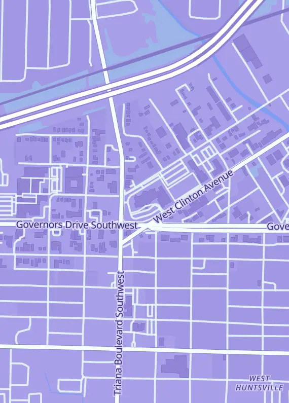 Street map around Gravity Games, 2620 Clinton Ave W Ste 2B, Huntsville, AL