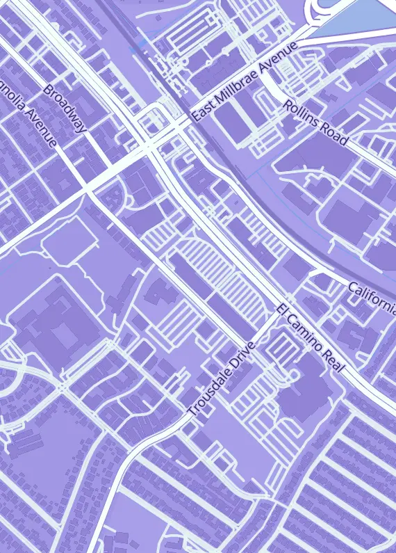 Street map around Lefty's Sports Card Store, 1859 El Camino Real, Burlingame, CA