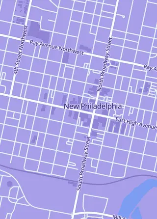 Street map around M.A.D. Bros. Games & Hobbies, New Philadelphia