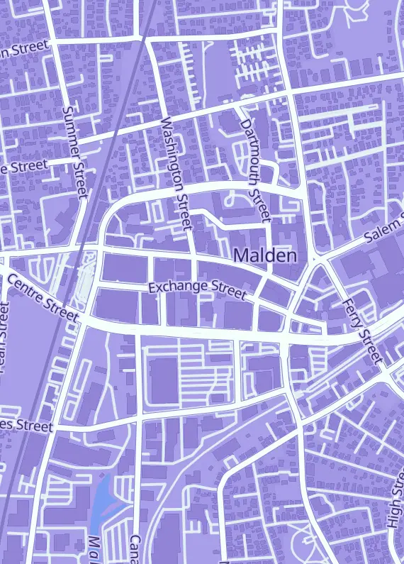 Street map around Malden Gaming District, Exchange St, Malden, MA