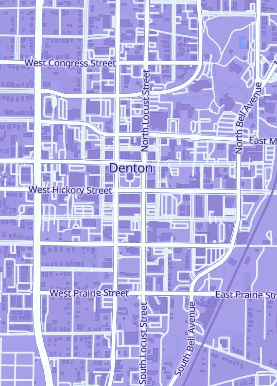 Street map around More Fun Comics and Games, 103 W Hickory St, Denton, TX