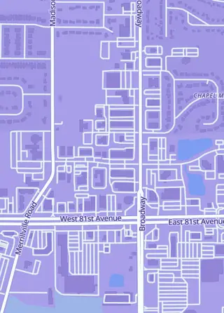 Street map around NWI Cards, Merrillville