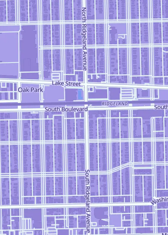 Street map around One Stop Comics, 111 S Ridgeland Ave, Oak Park, IL
