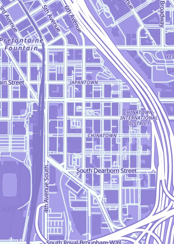 Street map around Pink Gorilla Games, 601 S King St, Seattle, WA