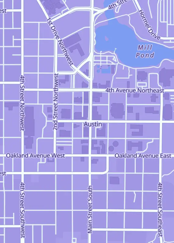 Street map around Play It Forward Games, 311 Main St N, Austin, MN