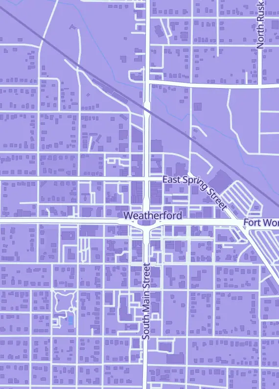 Street map around Session Zero Cards, Comic, and Games, 109 N Main St, Weatherford, TX