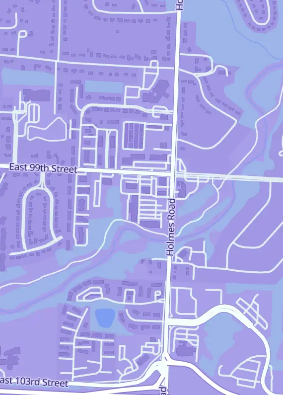 Street map around Spanky's Card Shop, 611 E 99th St, Kansas City, MO