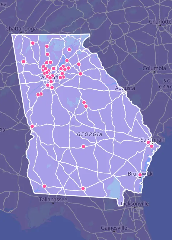 Map of Georgia with every Pokémon card shop marked