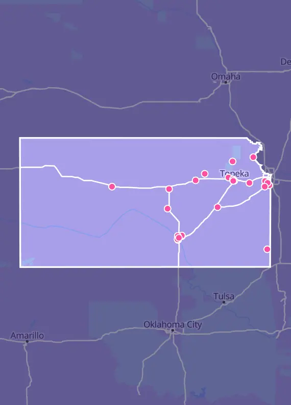 Map of Kansas with every Pokémon card shop marked