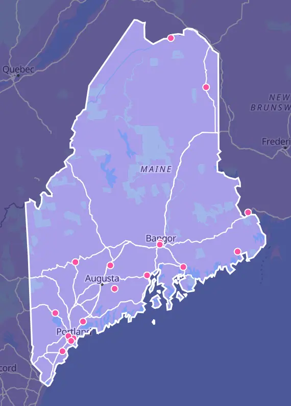 Map of Maine with every Pokémon card shop marked
