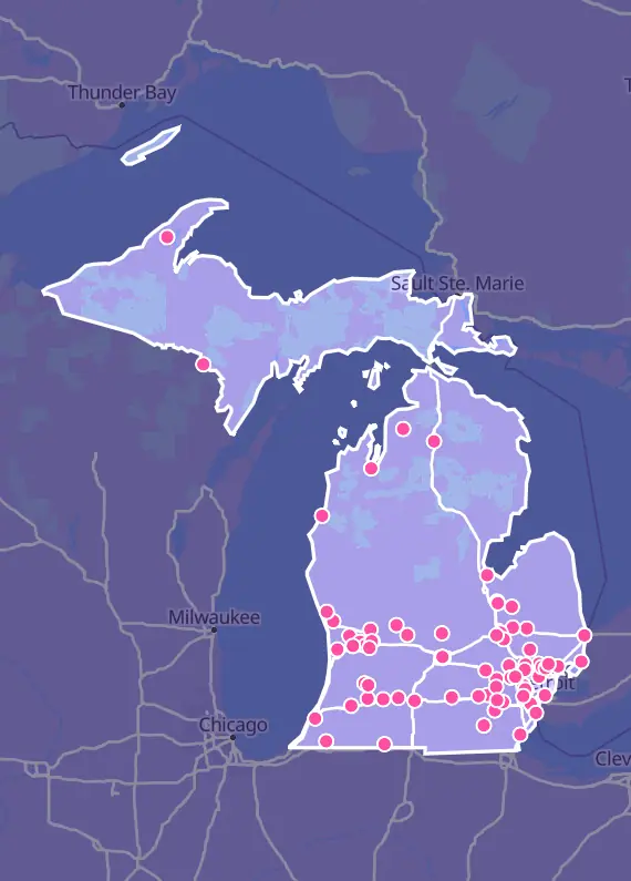 Map of Michigan with every Pokémon card shop marked