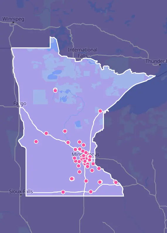 Map of Minnesota with every Pokémon card shop marked