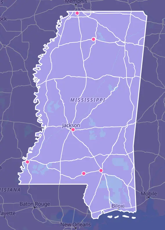 Map of Mississippi with every Pokémon card shop marked