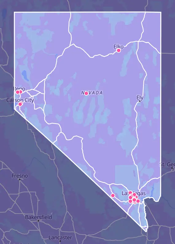 Map of Nevada with every Pokémon card shop marked