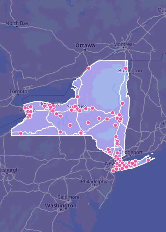 Map of New York with every Pokémon card shop marked