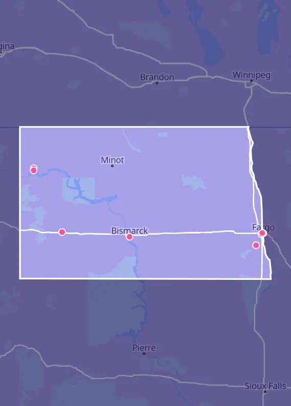 Map of North Dakota with every Pokémon card shop marked