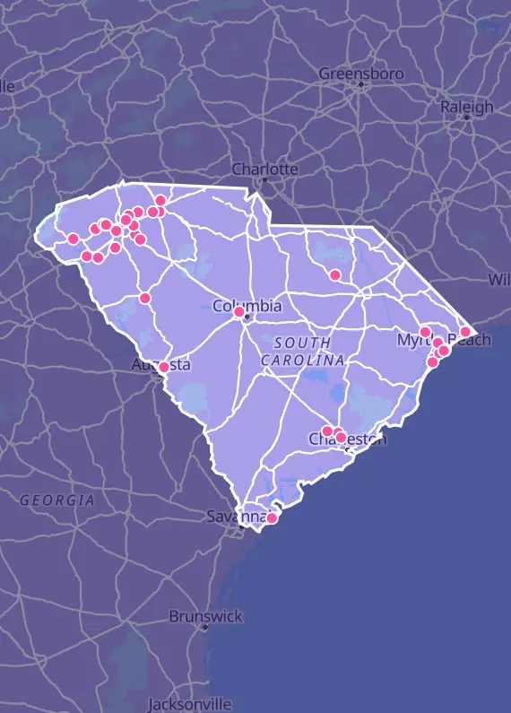 Map of South Carolina with every Pokémon card shop marked