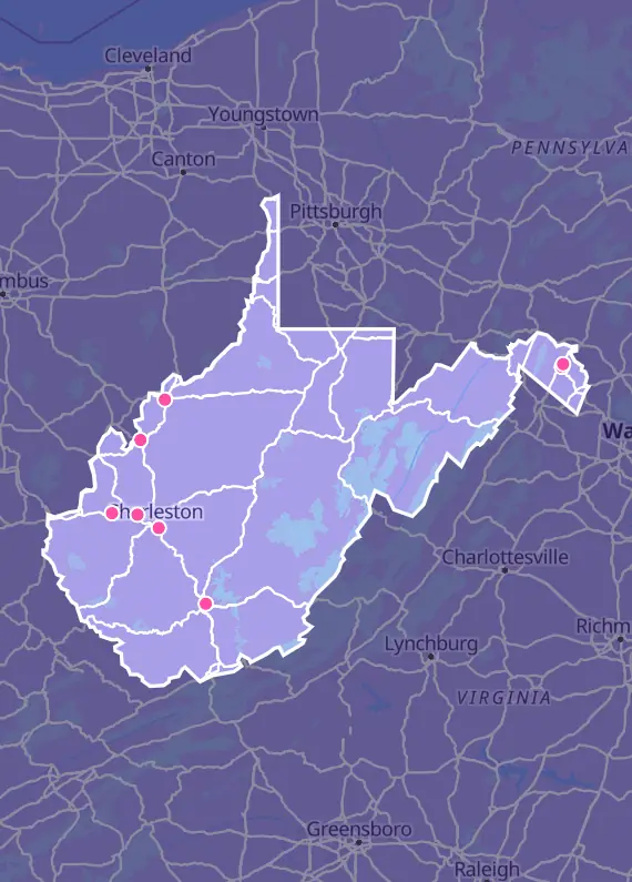 Map of West Virginia with every Pokémon card shop marked