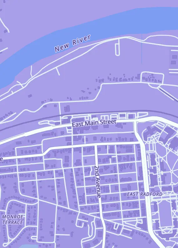 Street map around Super Game Station, 1109 E Main St, Radford, VA