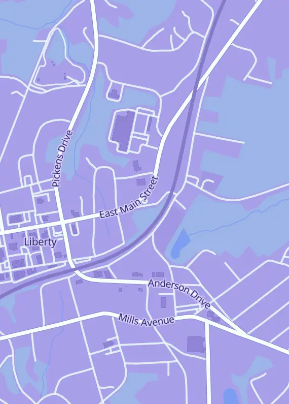 Street map around Tavern and Guild Hall, 404 E Main St, Liberty, SC