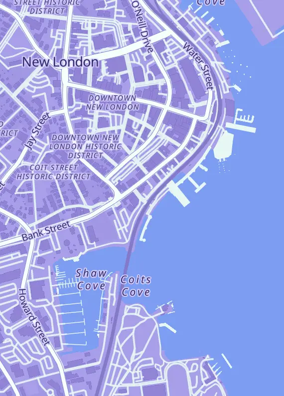 Street map around TCG Speakeasy, New London, CT