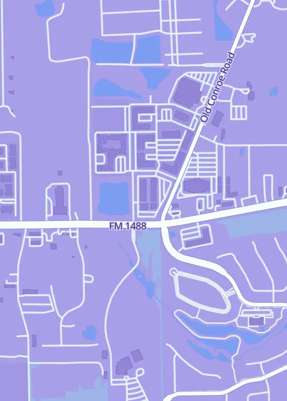 Street map around The Adventure Begins Comics, Games, & More, 525 Woodland Square Blvd, Conroe, TX