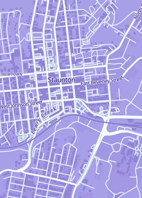 Street map around The Dragon's Hoard, 17 E Johnson St, Staunton, VA