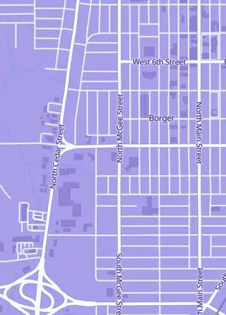 Street map around The Game Station, Borger